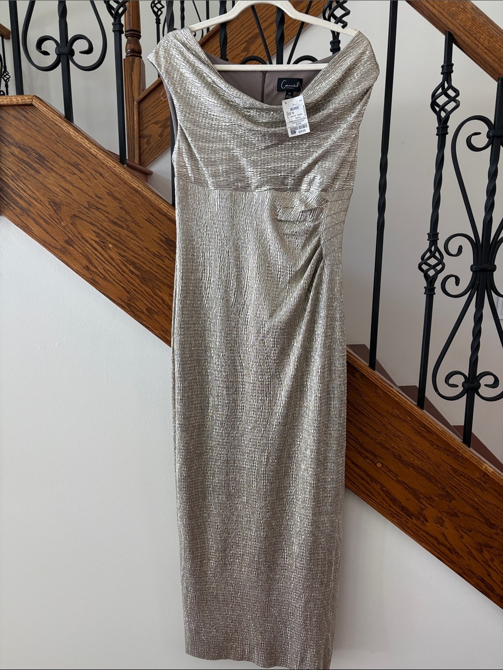 connected apparel Metallic Silver Draped Cowl-Neck Maxi Dress
